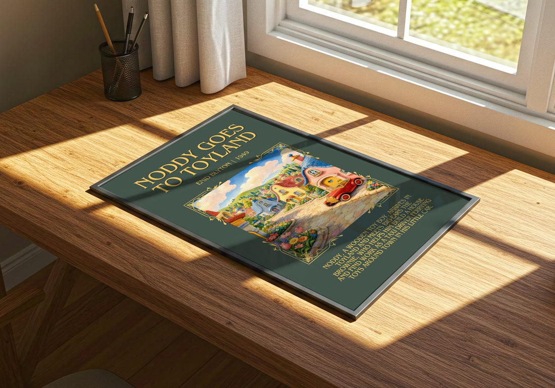 Noddy Goes To Toyland Minimalist Book Poster by Enid Blyton – print on a sunlit desk