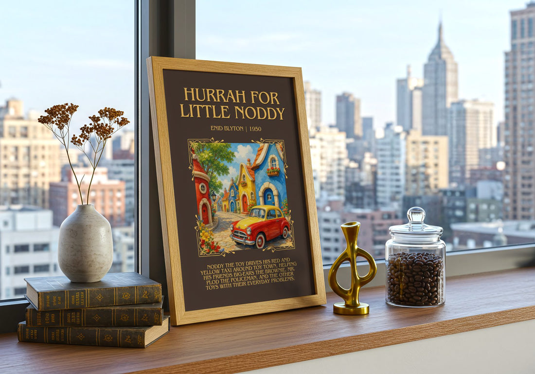 Hurrah For Little Noddy Minimalist Book Poster by Enid Blyton – framed print on a city-view windowsill