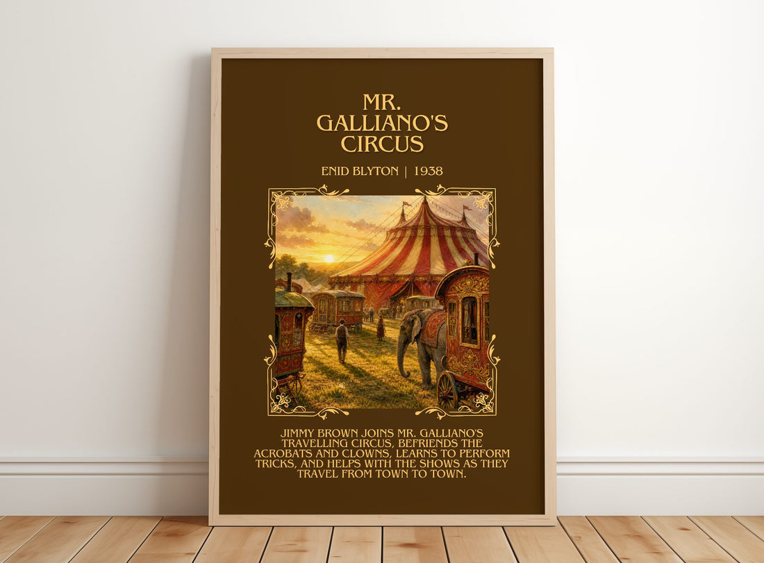 Mr. Galliano'S Circus Minimalist Book Poster by Enid Blyton – framed print leaning on a wooden floor