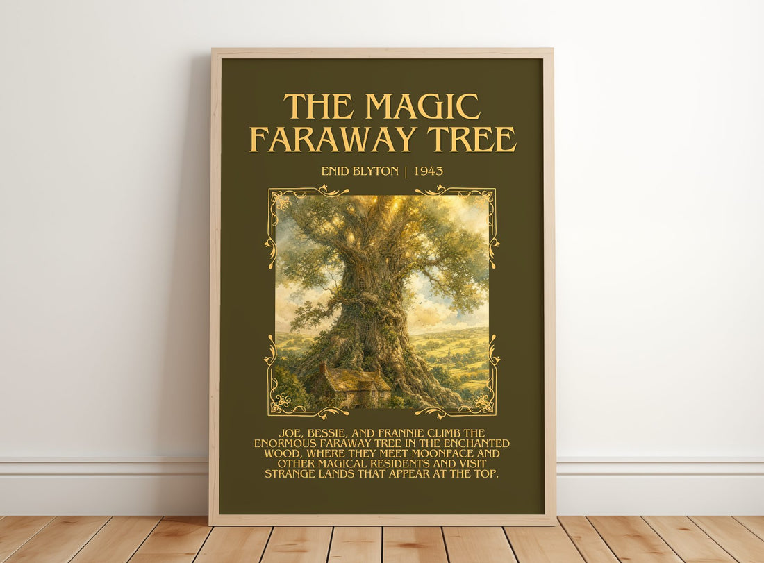 The Magic Faraway Tree Minimalist Book Poster by Enid Blyton – framed print leaning on a wooden floor