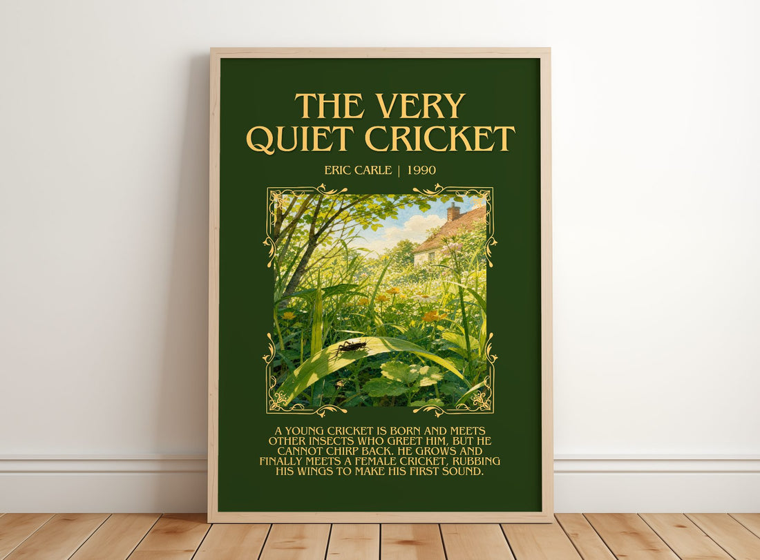 The Very Quiet Cricket Minimalist Book Poster by Eric Carle – framed print leaning on a wooden floor