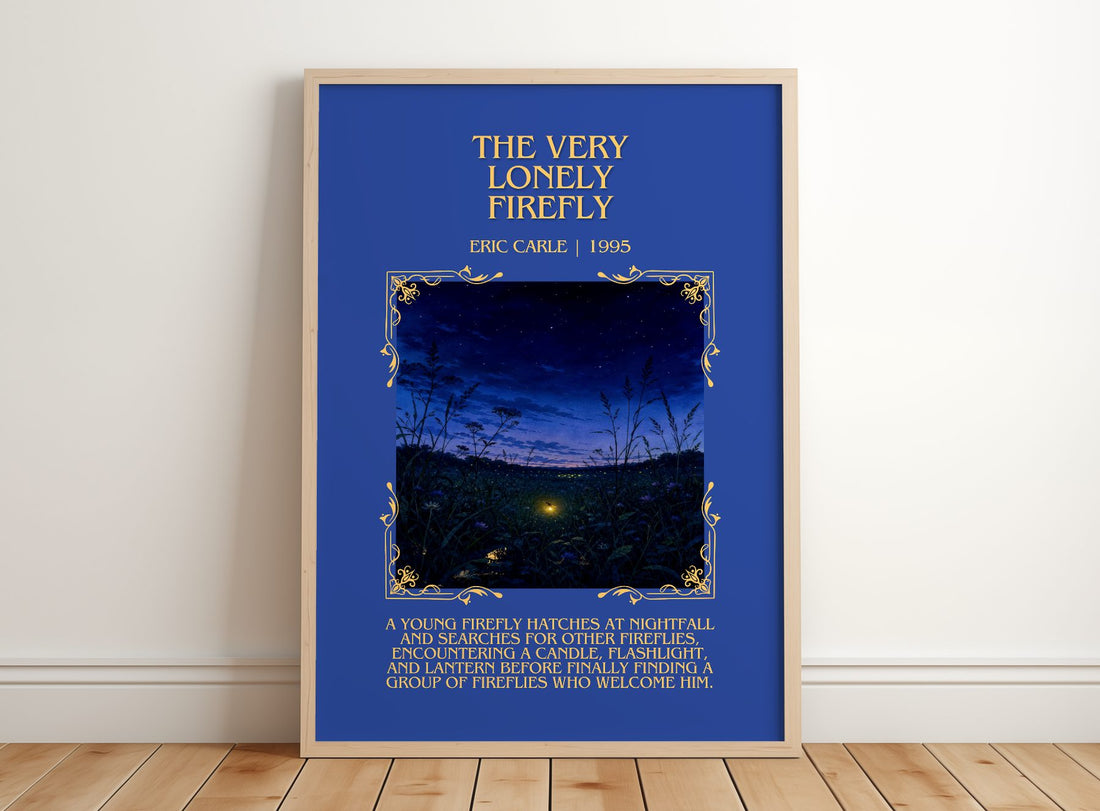 The Very Lonely Firefly Minimalist Book Poster by Eric Carle – framed print leaning on a wooden floor