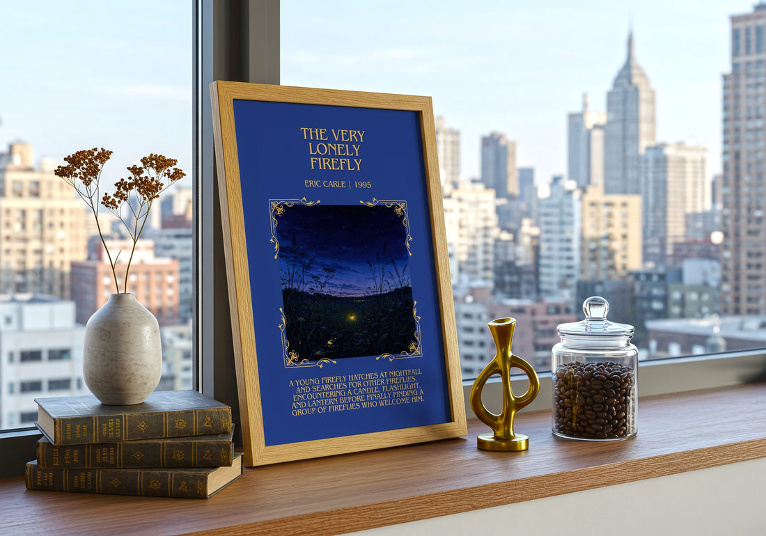 The Very Lonely Firefly Minimalist Book Poster by Eric Carle – framed print on a city-view windowsill