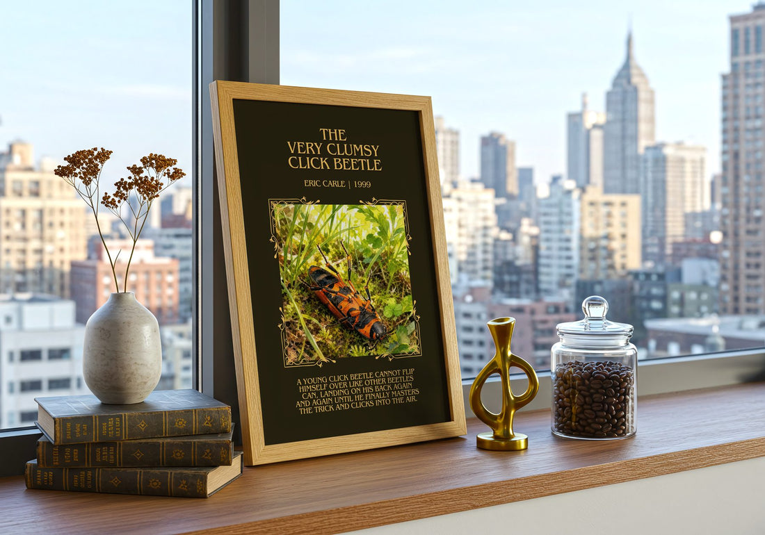 The Very Clumsy Click Beetle Minimalist Book Poster by Eric Carle – framed print on a city-view windowsill