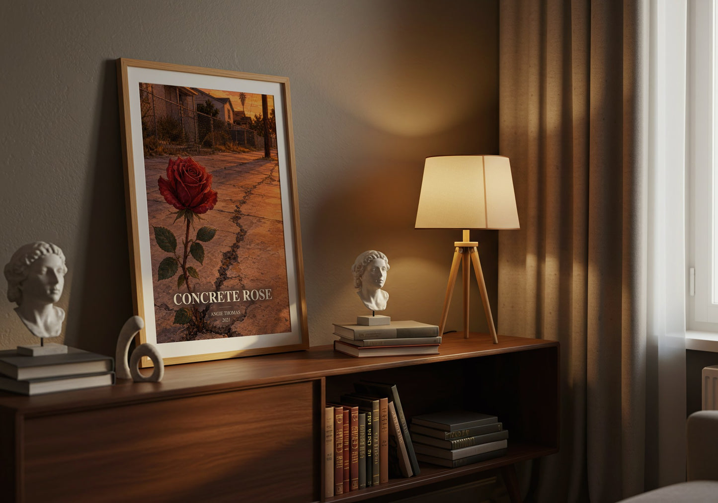 Concrete Rose watercolour print on bookshelf – Angie Thomas fan gift