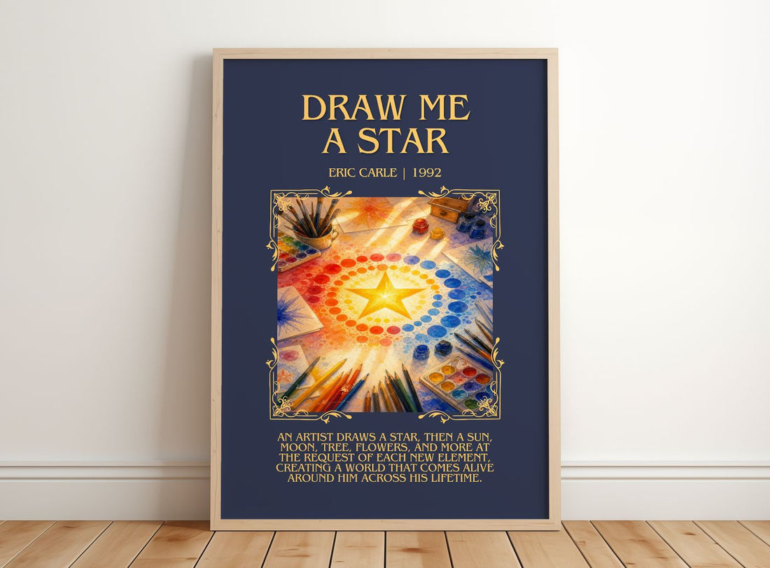 Draw Me A Star Minimalist Book Poster by Eric Carle – framed print leaning on a wooden floor
