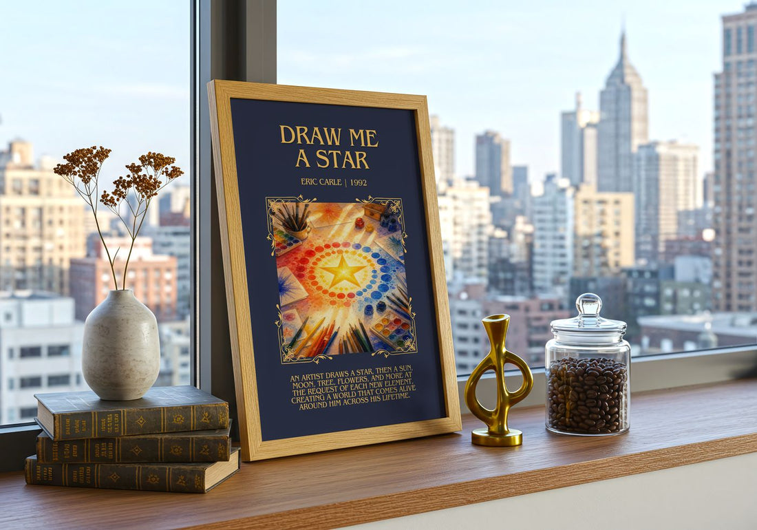 Draw Me A Star Minimalist Book Poster by Eric Carle – framed print on a city-view windowsill