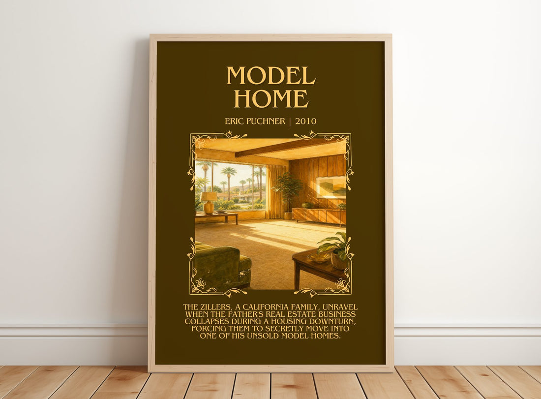 Model Home Minimalist Book Poster by Eric Puchner – framed print leaning on a wooden floor