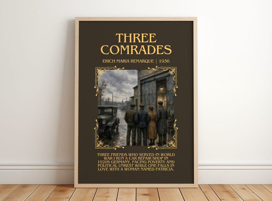Three Comrades Minimalist Book Poster by Erich Maria Remarque – framed print leaning on a wooden floor
