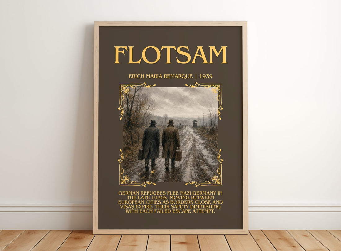Flotsam Minimalist Book Poster by Erich Maria Remarque – framed print leaning on a wooden floor
