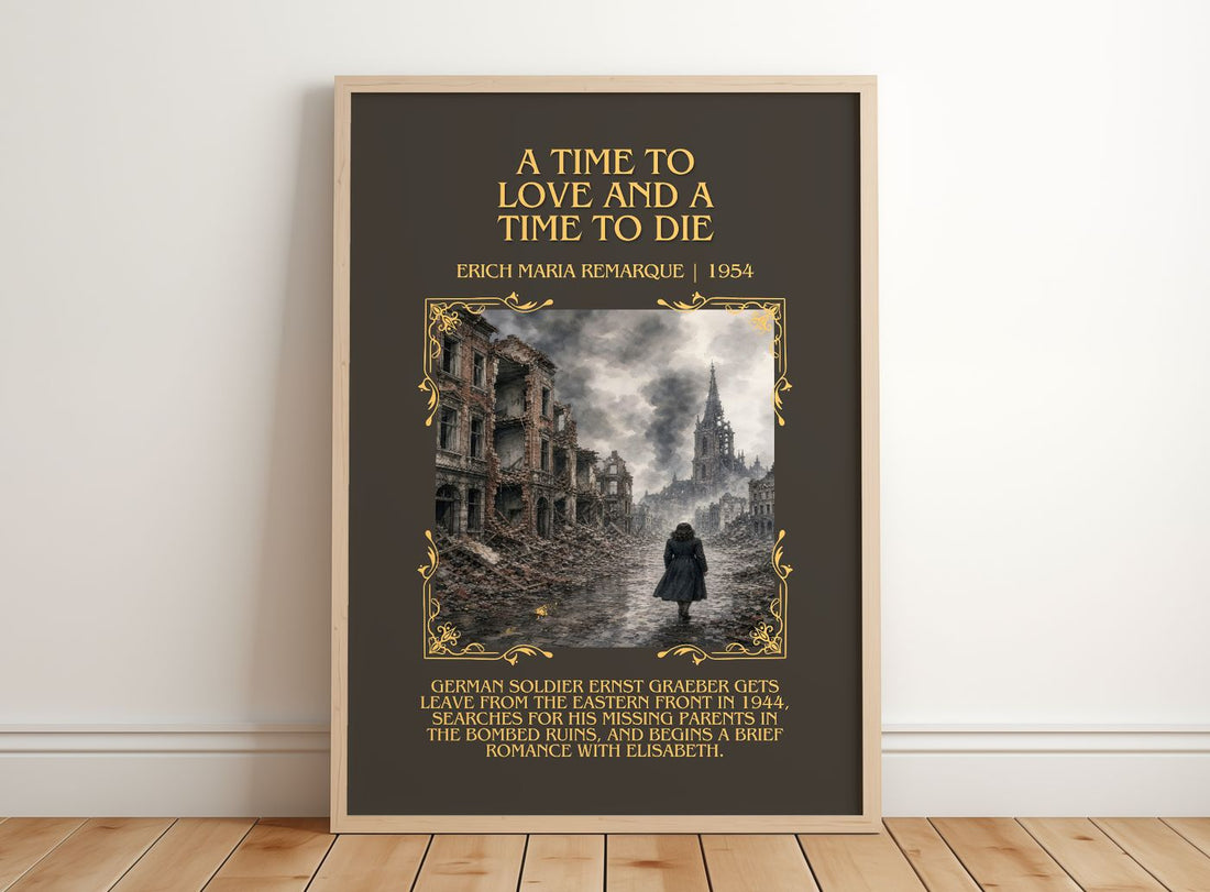 Time To Love And A Time To Die Minimalist Book Poster by E. Remarque – framed print leaning on a wooden floor