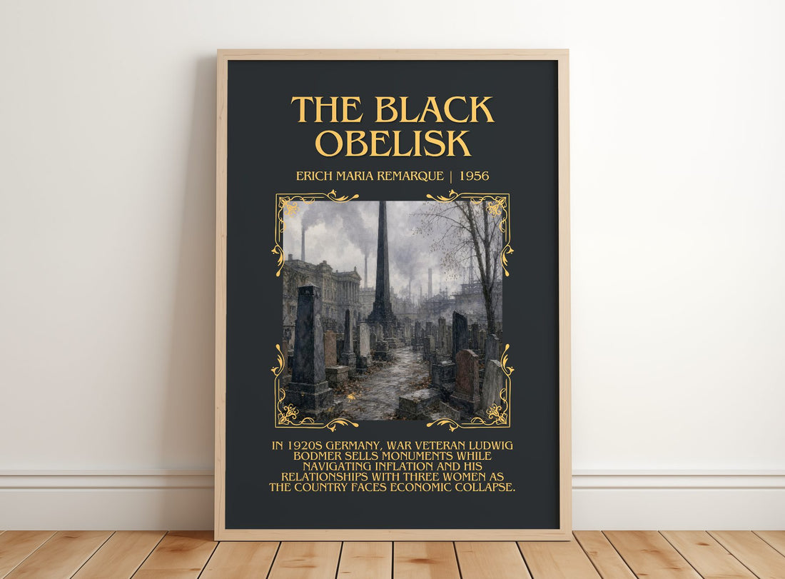 The Black Obelisk Minimalist Book Poster by Erich Maria Remarque – framed print leaning on a wooden floor