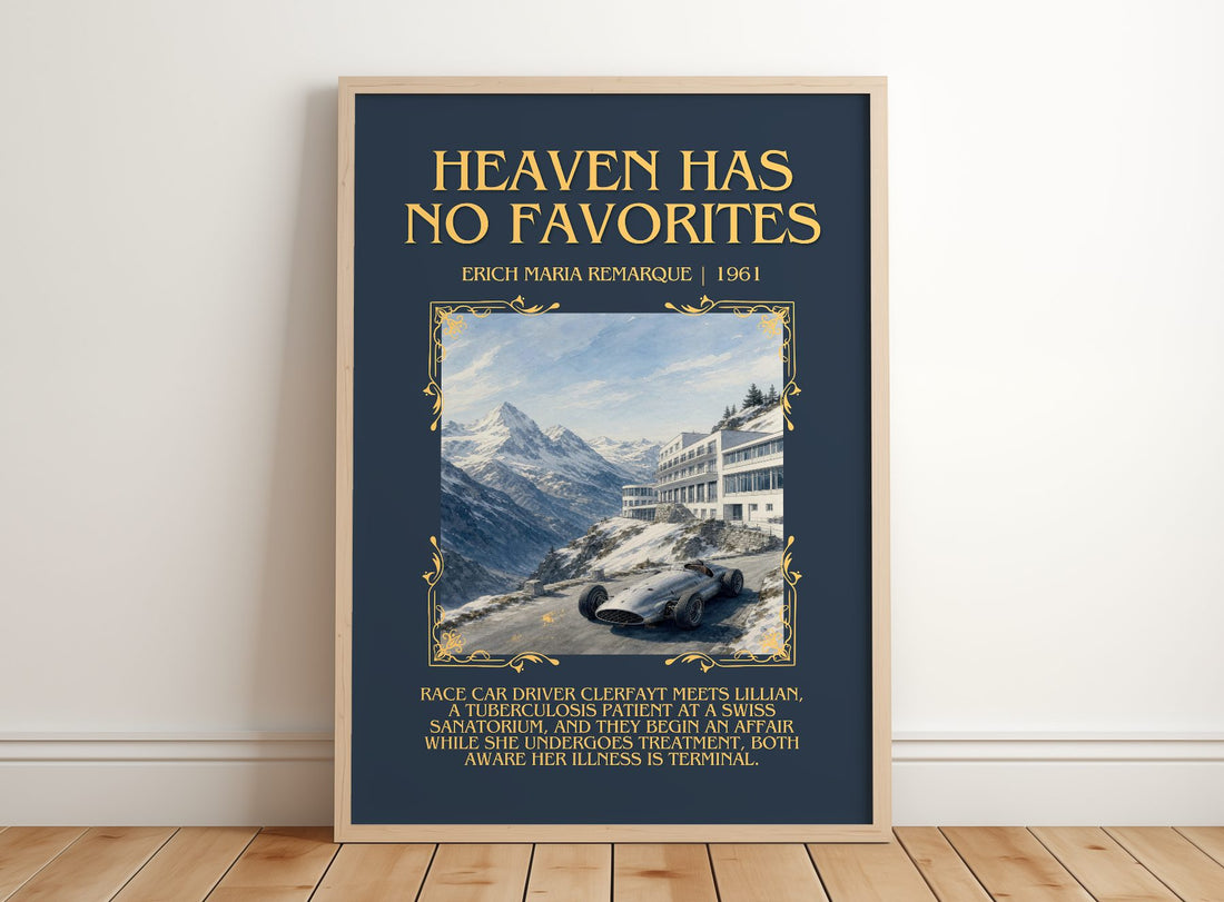 Heaven Has No Favorites Minimalist Book Poster by Erich Maria Remarque – framed print leaning on a wooden floor