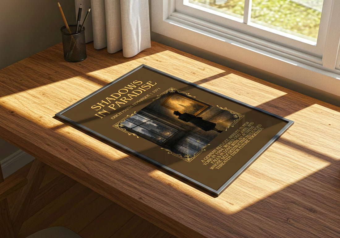 Shadows In Paradise Minimalist Book Poster by Erich Maria Remarque – print on a sunlit desk