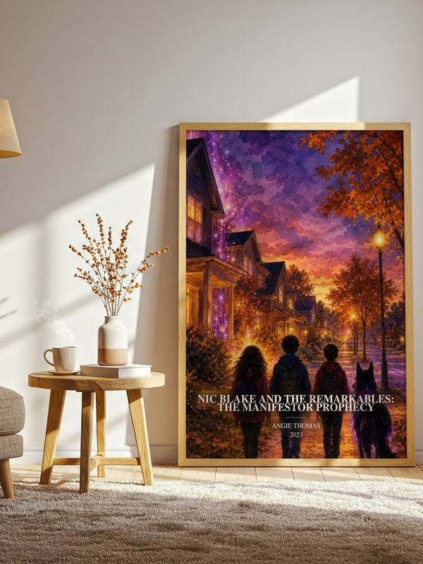 Nic Blake And The Remarkables: The Manifestor Prophecy watercolour print in frame leaning in hallway – fantasy wall art