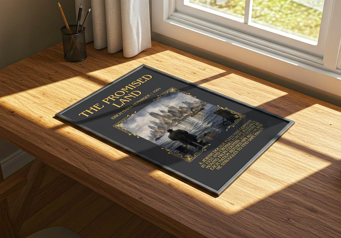 The Promised Land Minimalist Book Poster by Erich Maria Remarque – print on a sunlit desk