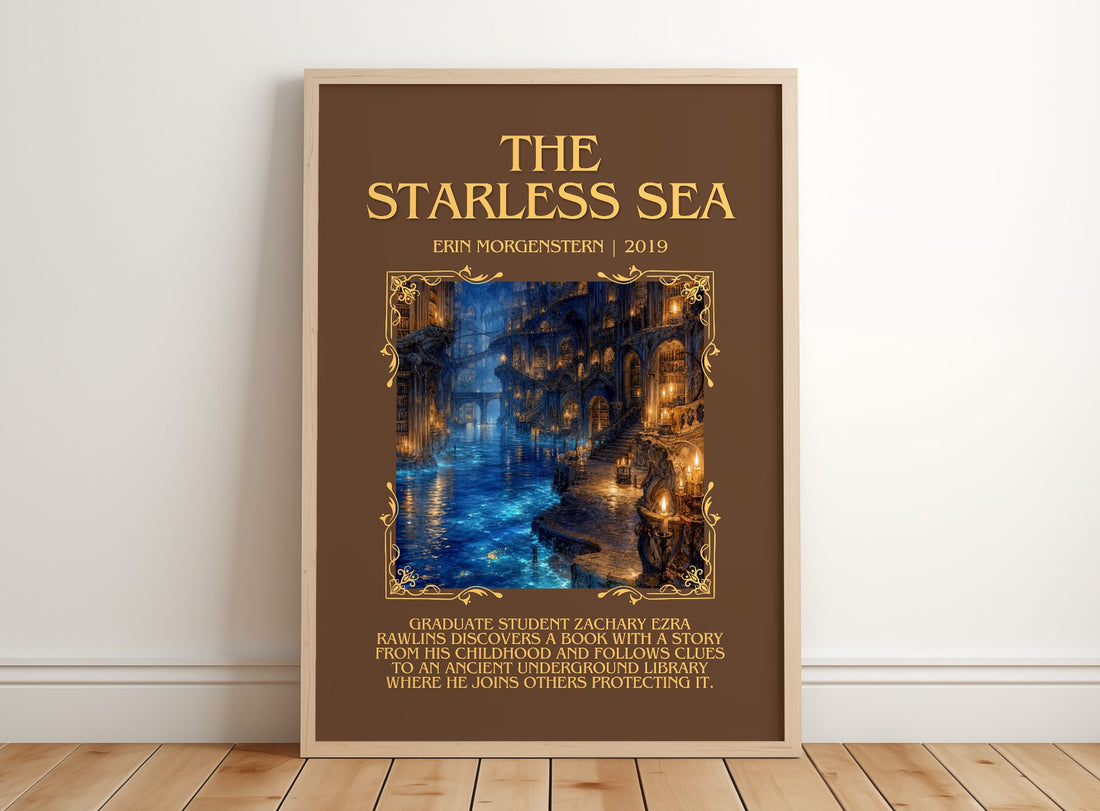 The Starless Sea Minimalist Book Poster by Erin Morgenstern – framed print leaning on a wooden floor