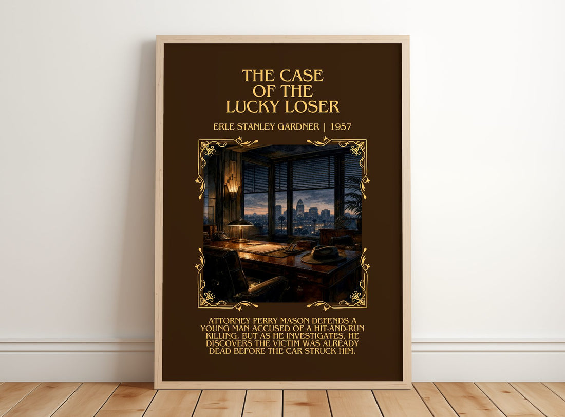 Case Of The Lucky Loser Minimalist Book Poster by Erle Stanley Gardner – framed print leaning on a wooden floor