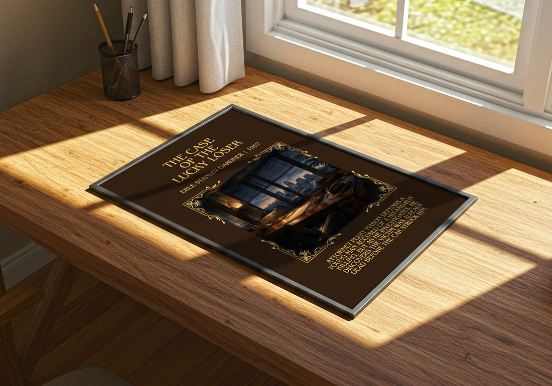 Case Of The Lucky Loser Minimalist Book Poster by Erle Stanley Gardner – print on a sunlit desk