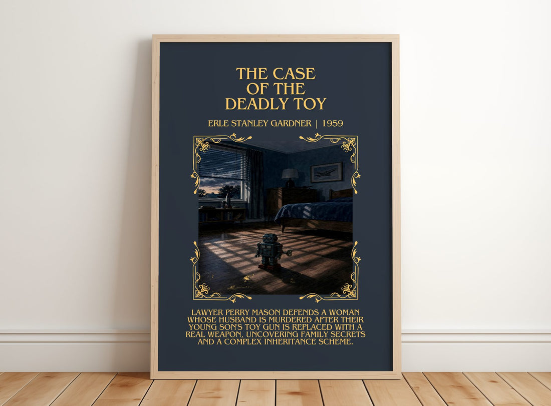 Case Of The Deadly Toy Minimalist Book Poster by Erle Stanley Gardner – framed print leaning on a wooden floor