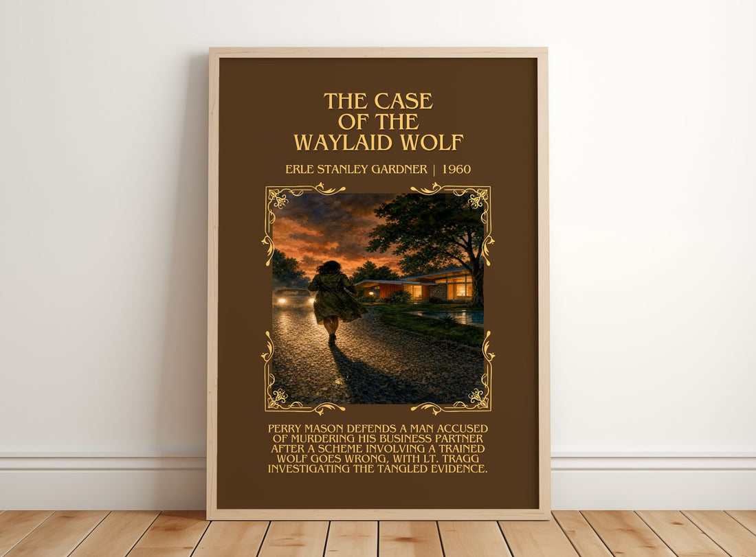 Case Of The Waylaid Wolf Minimalist Book Poster by E. Gardner – framed print leaning on a wooden floor