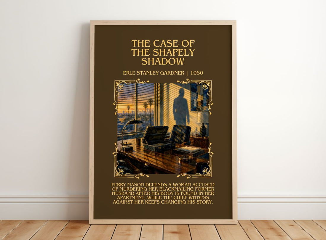 Case Of The Shapely Shadow Minimalist Book Poster by E. Gardner – framed print leaning on a wooden floor