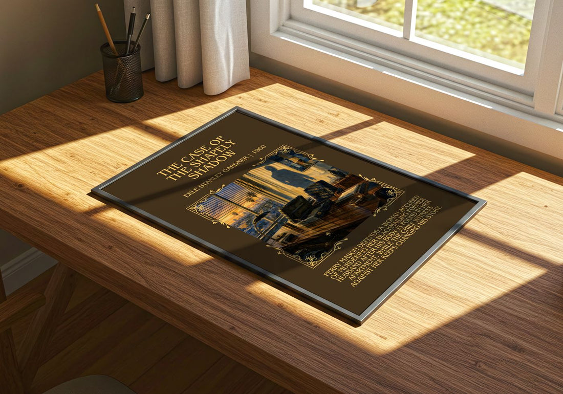 Case Of The Shapely Shadow Minimalist Book Poster by E. Gardner – print on a sunlit desk