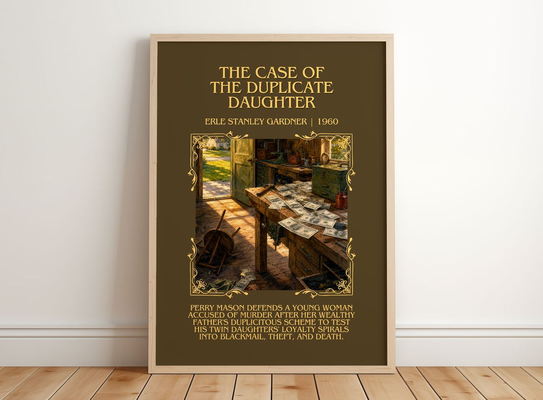 Case Of The Duplicate Daughter Minimalist Book Poster by E. Gardner – framed print leaning on a wooden floor