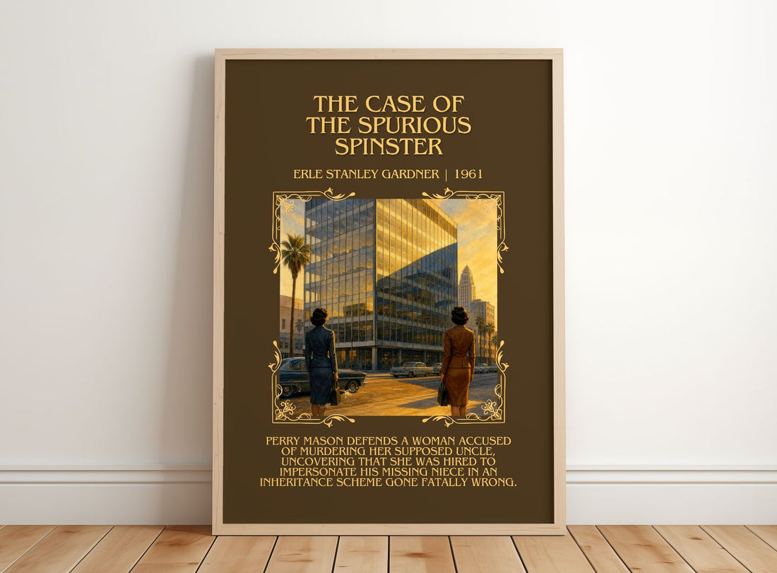 Case Of The Spurious Spinster Minimalist Book Poster by E. Gardner – framed print leaning on a wooden floor