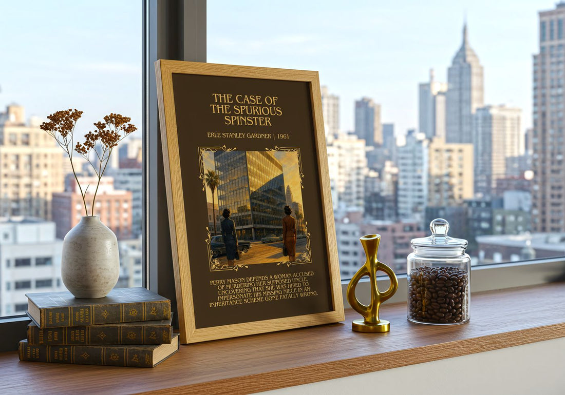 Case Of The Spurious Spinster Minimalist Book Poster by E. Gardner – framed print on a city-view windowsill