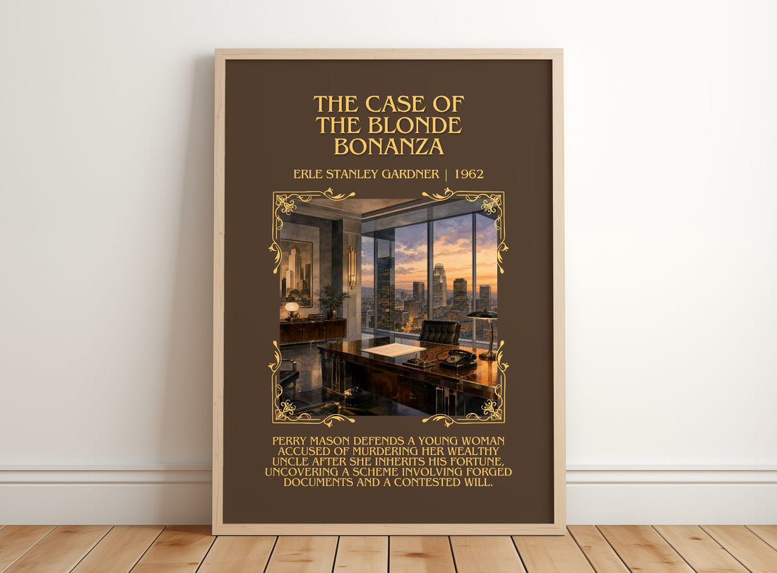 Case Of The Blonde Bonanza Minimalist Book Poster by E. Gardner – framed print leaning on a wooden floor