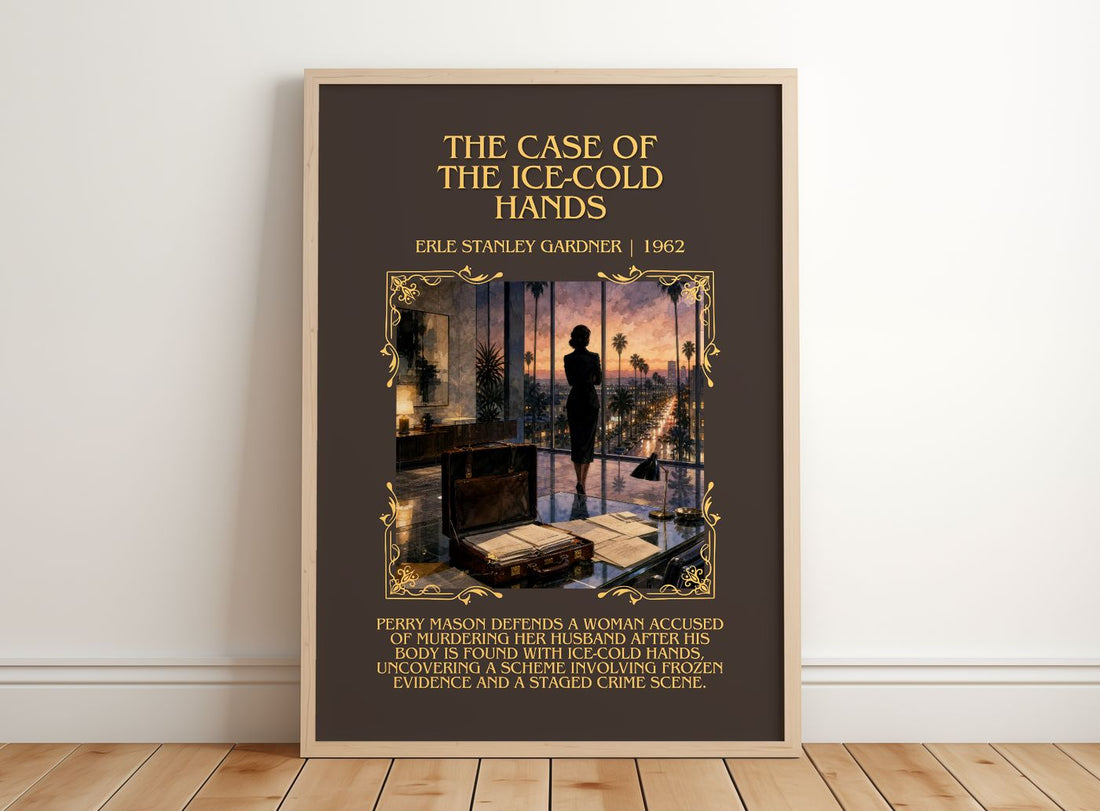 Case Of The Ice-Cold Hands Minimalist Book Poster by E. Gardner – framed print leaning on a wooden floor