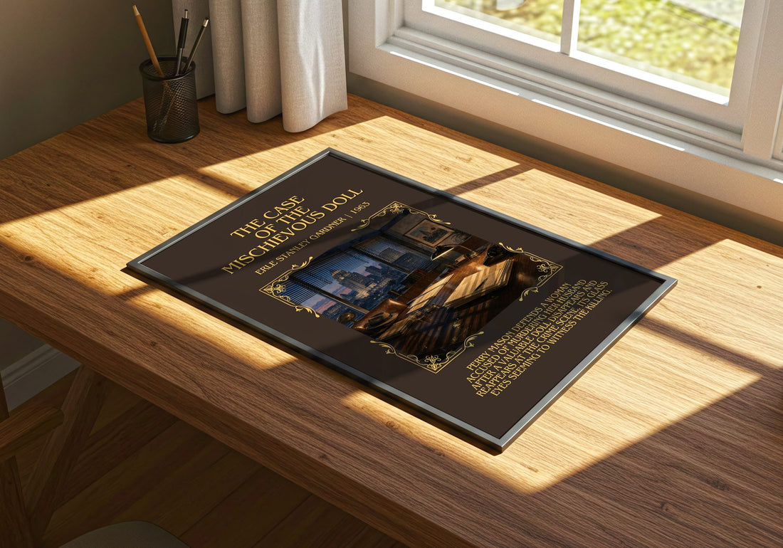 Case Of The Mischievous Doll Minimalist Book Poster by E. Gardner – print on a sunlit desk