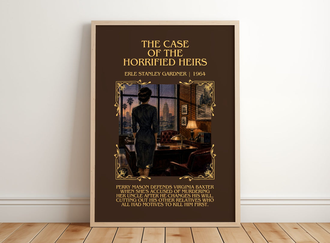 Case Of The Horrified Heirs Minimalist Book Poster by E. Gardner – framed print leaning on a wooden floor
