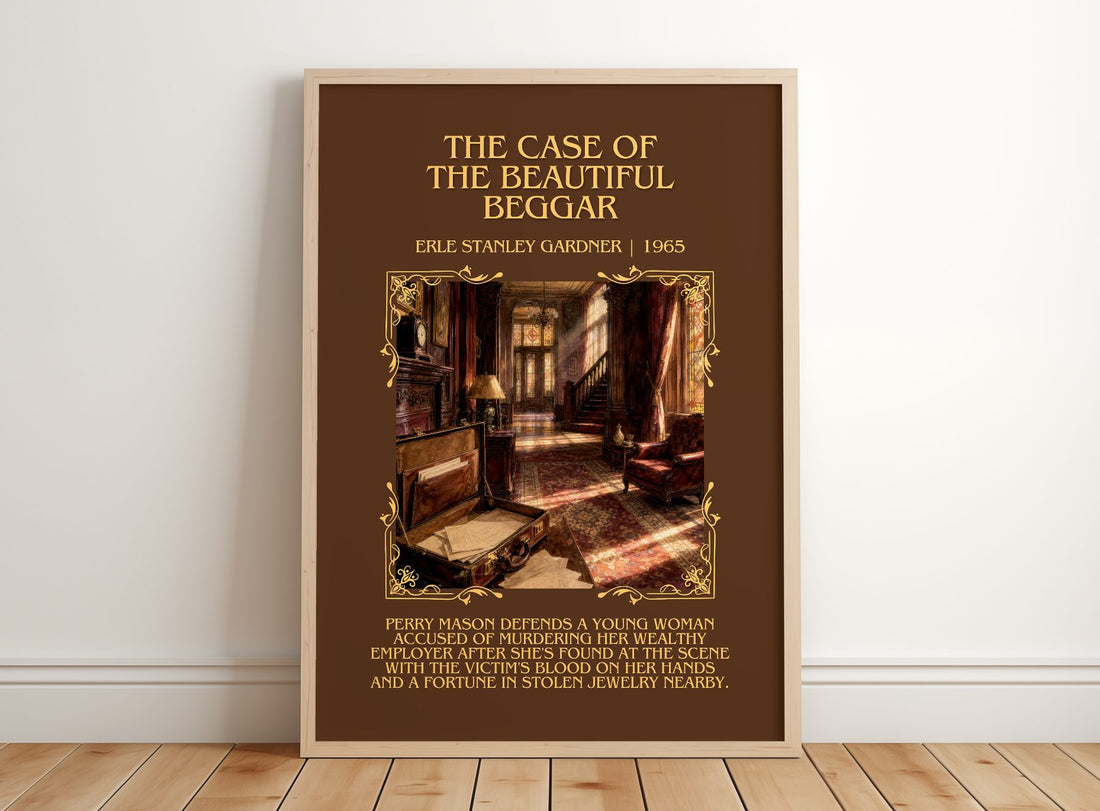 Case Of The Beautiful Beggar Minimalist Book Poster by E. Gardner – framed print leaning on a wooden floor