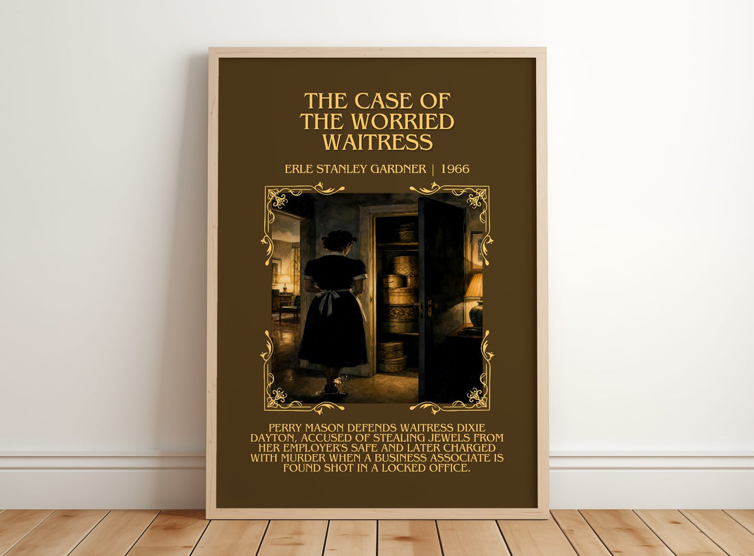 Case Of The Worried Waitress Minimalist Book Poster by E. Gardner – framed print leaning on a wooden floor