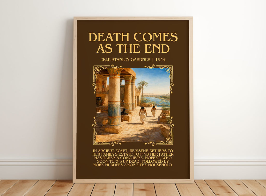 Death Comes As The End Minimalist Book Poster by Erle Stanley Gardner – framed print leaning on a wooden floor