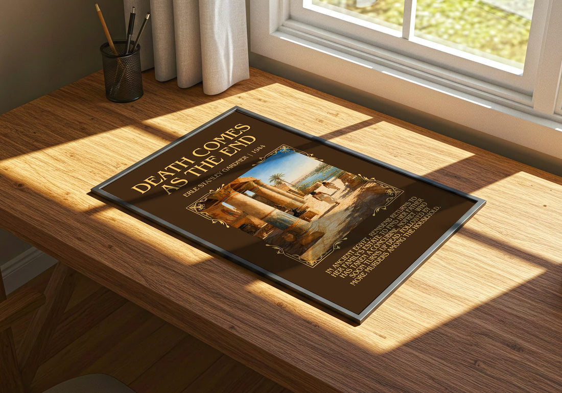 Death Comes As The End Minimalist Book Poster by Erle Stanley Gardner – print on a sunlit desk