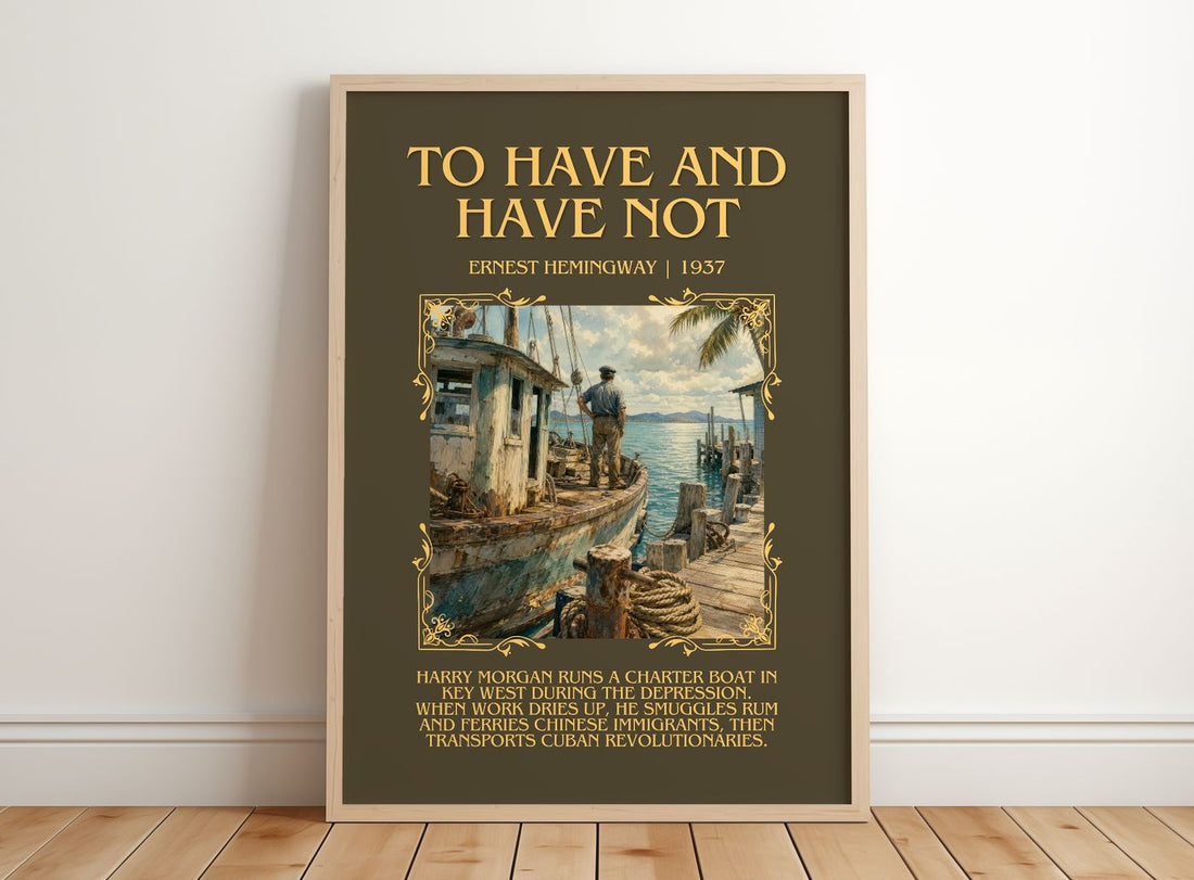 To Have And Have Not Minimalist Book Poster by Ernest Hemingway – framed print leaning on a wooden floor