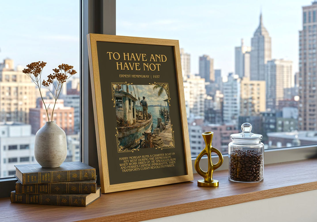 To Have And Have Not Minimalist Book Poster by Ernest Hemingway – framed print on a city-view windowsill
