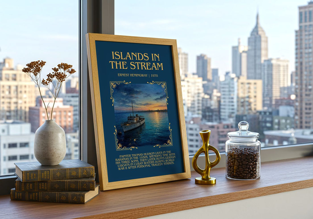 Islands In The Stream Minimalist Book Poster by Ernest Hemingway – framed print on a city-view windowsill