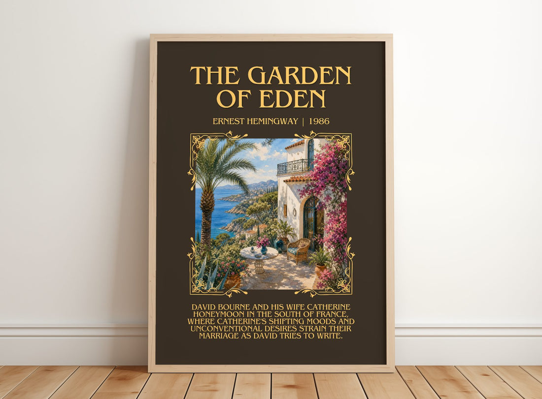 The Garden Of Eden Minimalist Book Poster by Ernest Hemingway – framed print leaning on a wooden floor