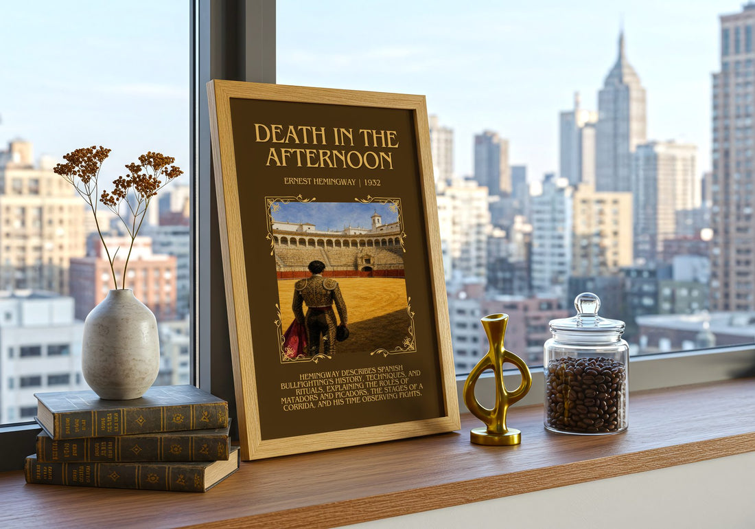 Death In The Afternoon Minimalist Book Poster by Ernest Hemingway – framed print on a city-view windowsill