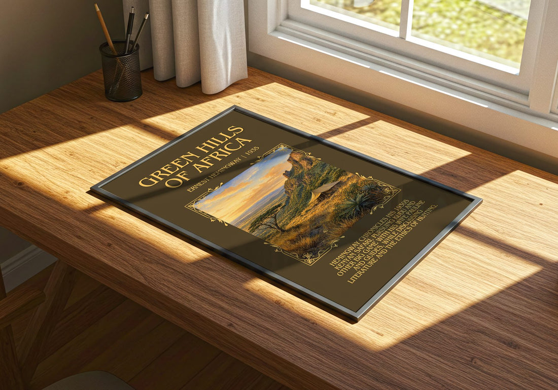 Green Hills Of Africa Minimalist Book Poster by Ernest Hemingway – print on a sunlit desk
