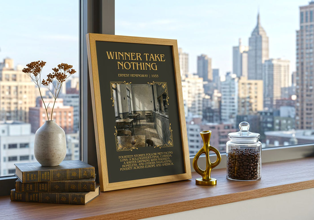 Winner Take Nothing Minimalist Book Poster by Ernest Hemingway – framed print on a city-view windowsill