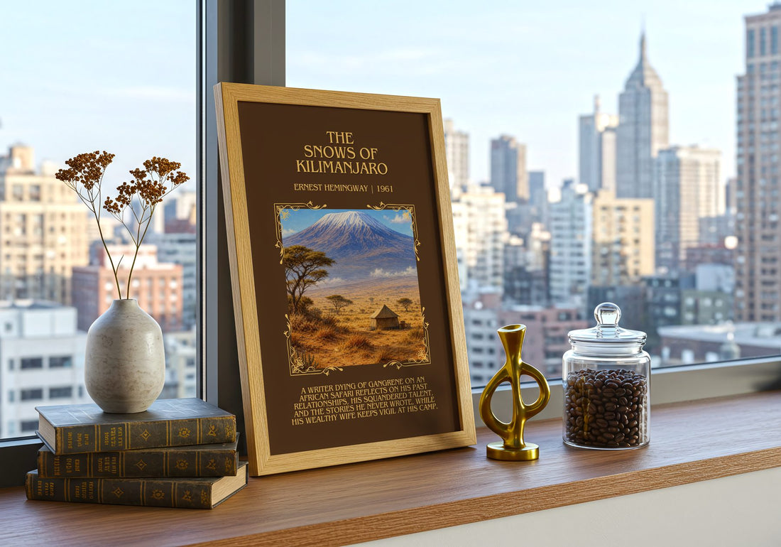 The Snows Of Kilimanjaro Minimalist Book Poster by Ernest Hemingway – framed print on a city-view windowsill