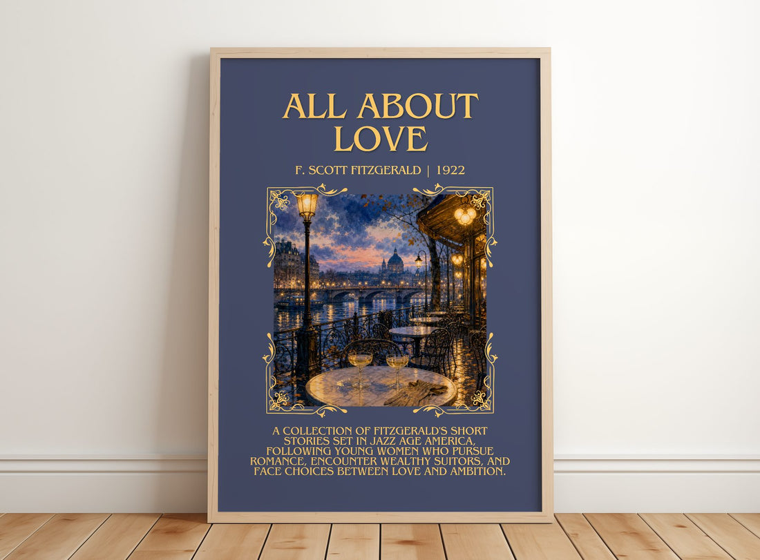All About Love Minimalist Book Poster by F. Scott Fitzgerald – framed print leaning on a wooden floor