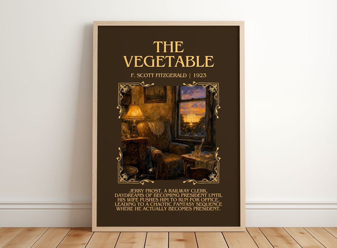 The Vegetable Minimalist Book Poster by F. Scott Fitzgerald – framed print leaning on a wooden floor