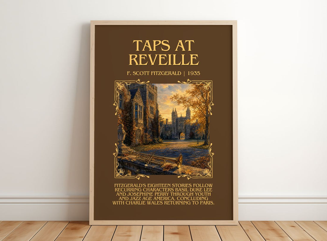 Taps At Reveille Minimalist Book Poster by F. Scott Fitzgerald – framed print leaning on a wooden floor