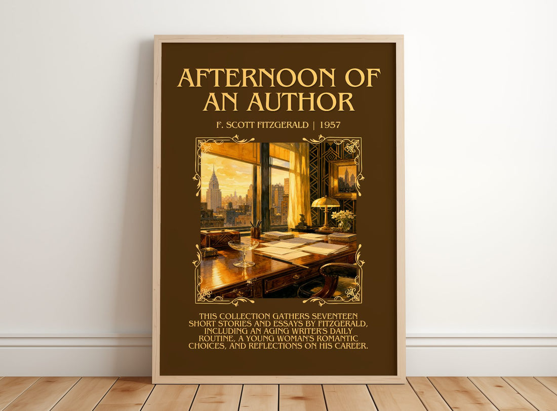 Afternoon Of An Author Minimalist Book Poster by F. Scott Fitzgerald – framed print leaning on a wooden floor